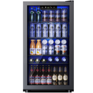 Wejox© ChillMax – 130-Can Beverage Refrigerator with Glass Door, Black