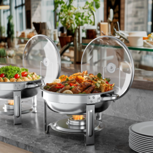 Wejox© 5QT Chafing Dish Buffet Set – 4-Pack Stainless Steel Round Chafers with Glass Lids & Lid Holders for Parties & Events