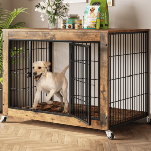 Wejox© PetHaven – Wooden Dog Crate Furniture with Cushion & Wheels, Double Doors